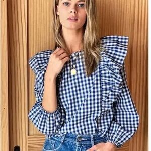 Emerson Fry Filipa Checkered Blouse Indigo Gingham Sz XS